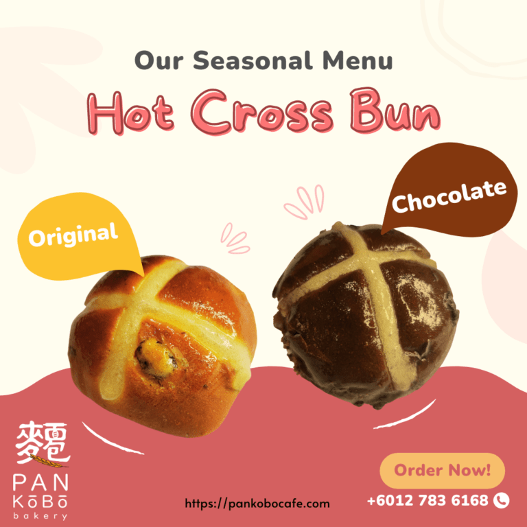 Looking for the best hot cross bun in Malaysia? Look no farther than PanKobo Bakery! Our chocolate hot cross buns are made with nutmeg, cinnamon powder, whipping cream, unsalted butter, milk and lemon zest and we natural yeast. Our chocolate version contain rich high grade cocoa powder and chocolate chip to our special hot cross bun dough! This Limited Easter Pre-order is till 31st March 2024 every Sat. and Sun. at PanKobo Bakery Horizon Hills. Don't miss this limited item during the festive season!!